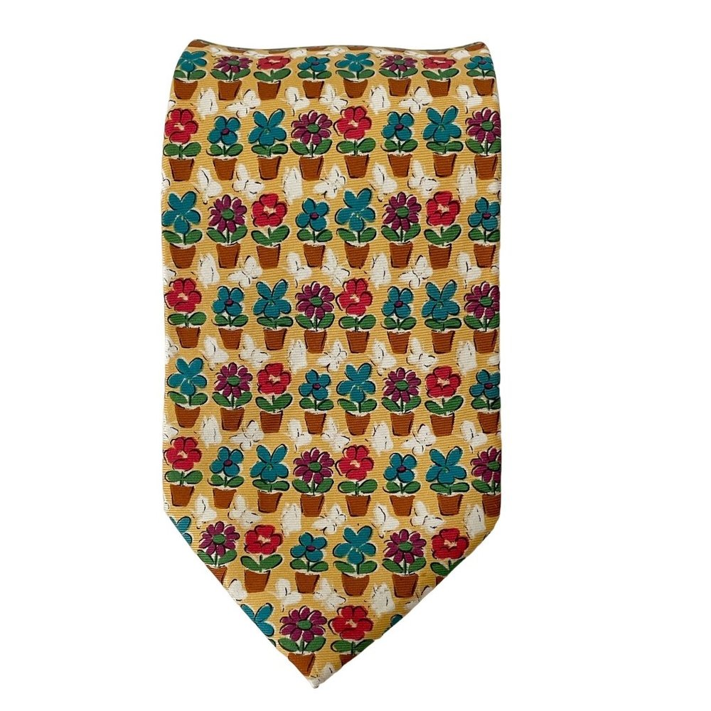 Lands' End Tie Silk Novelty Yellow & Multi-Color Floral Regular Made USA Necktie